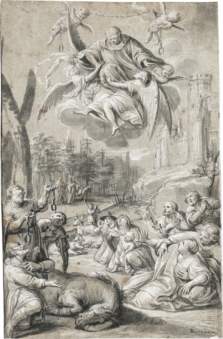 Artwork by Italian School, 17th Century, Der hl. Leonhard wird um Hilfe angefleht, Made of brush on Bütten
