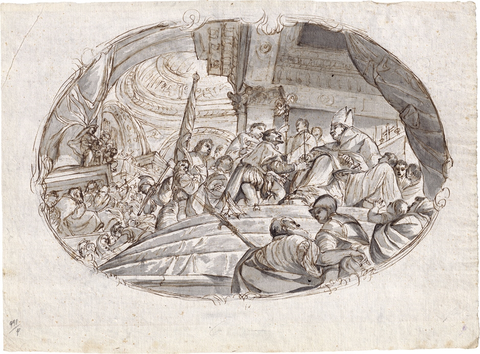 Artwork by German School, 18th Century, Ein Herrscher erscheint vor dem Papst, Made of brown pen, grey wash