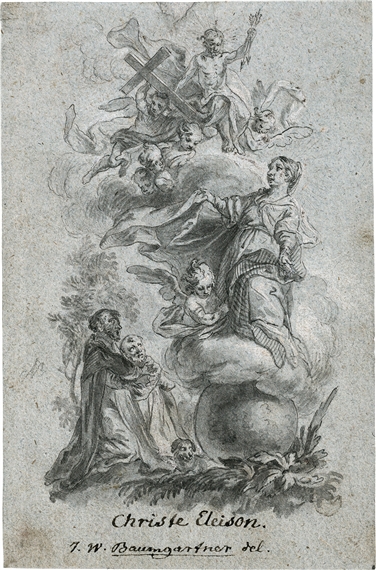 Die hl. Rosalie auf der Weltkugel, oben Christus auf Wolken thronend - Johann Wolfgang Baumgartner