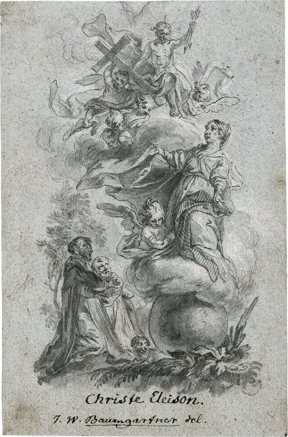 Artwork by Johann Wolfgang Baumgartner, Die hl. Rosalie auf der Weltkugel, oben Christus auf Wolken thronend, Made of pen, wash, partially heightened with whit on paper