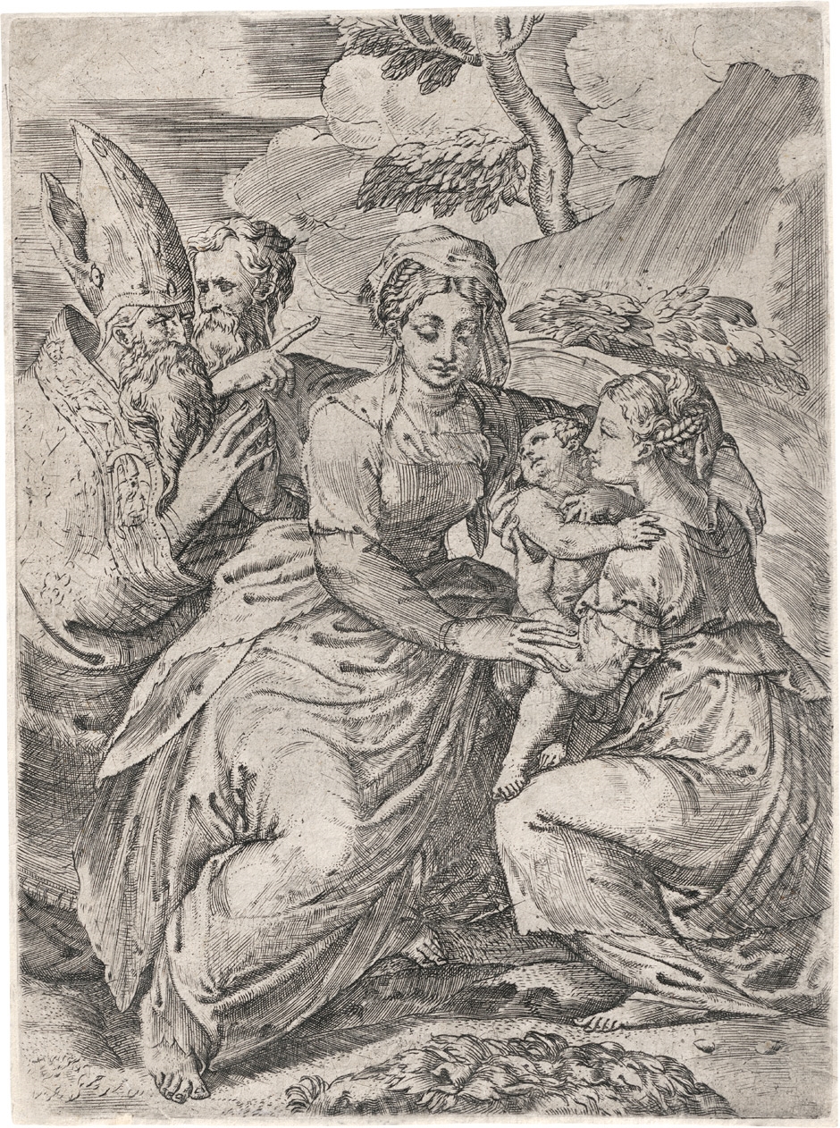 Artwork by Battista dell'Angelo del Moro, Madonna mit Kind und Heiligen, Made of etching