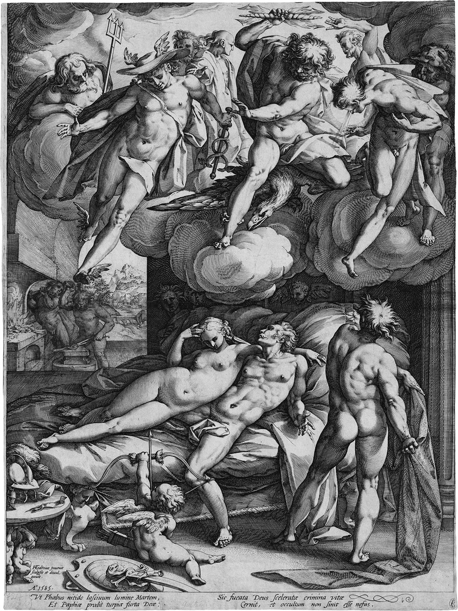 Artwork by Hendrick Goltzius, Mars und Venus überrascht von Vulkan, Made of copper engraving