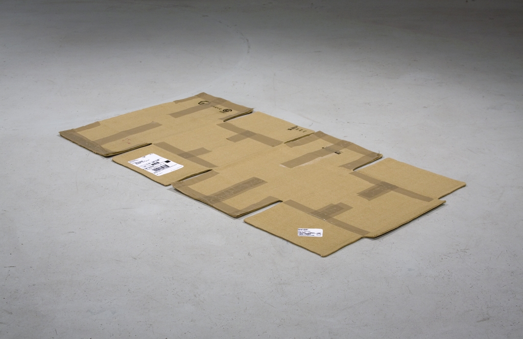 Artwork by Frances Trombly, Box (Broward Paper and Packaging), Made of Hand woven fabric, embroidery, packing tape