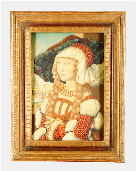 Portrait of a court lady in elegant dress and hat, by a window, with view to a town by Lucas Cranach the Younger