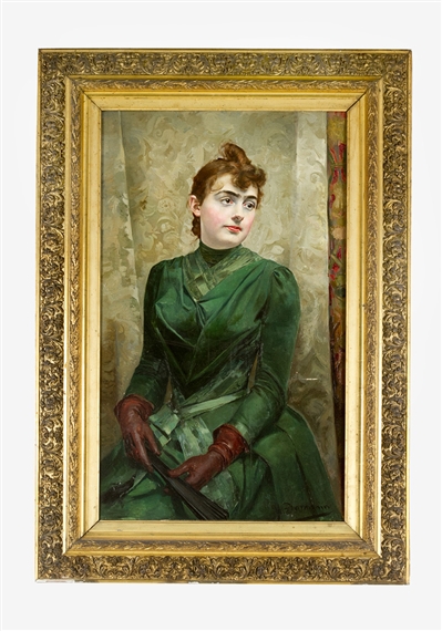 painting of lady in green dress Woman with green dress