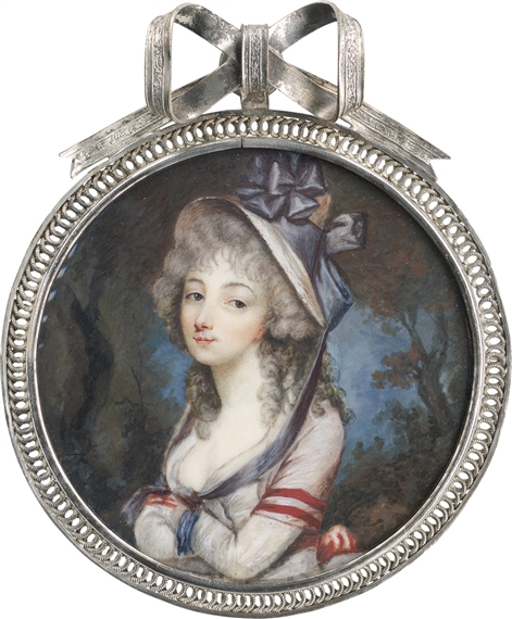 Bildnis einer jungen Frau mit Strohhut mit blauseidenen Bändern vor einer Landschaft by Charles Hénard, 1790