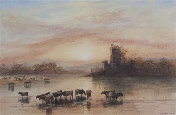 Doe Castle, Donegal at Sundown with Cattle Watering by Andrew Nicholl