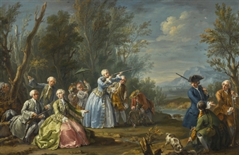 TWO COURT LADIES OUT SHOOTING WITH THEIR RETINUE - Charles Joseph Flipart