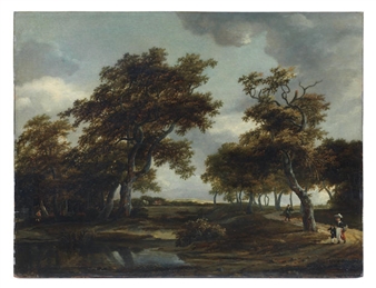 A wooded river landscape with figures on a path - Meindert Hobbema