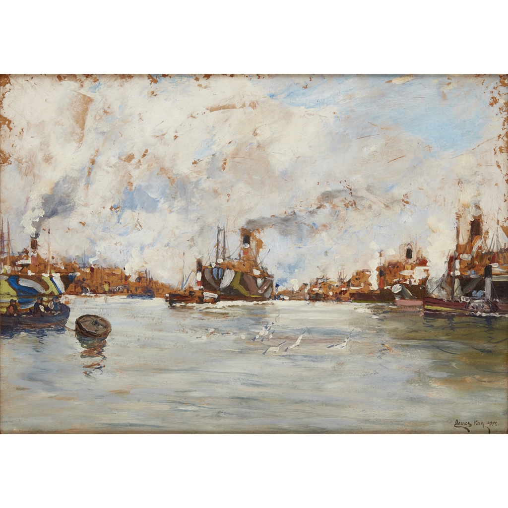 Artwork by James Kay, Dazzle Ship on the Clyde, Made of oil on board