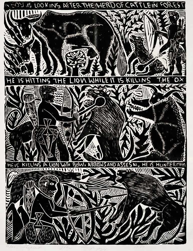 Artwork by John Ndevasia Muafangejo, "Sheperd", Made of linocut