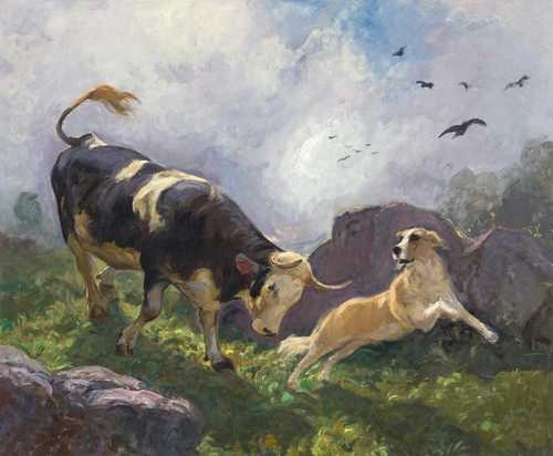 Rudolf Koller | A cow and dog in the mountains | MutualArt