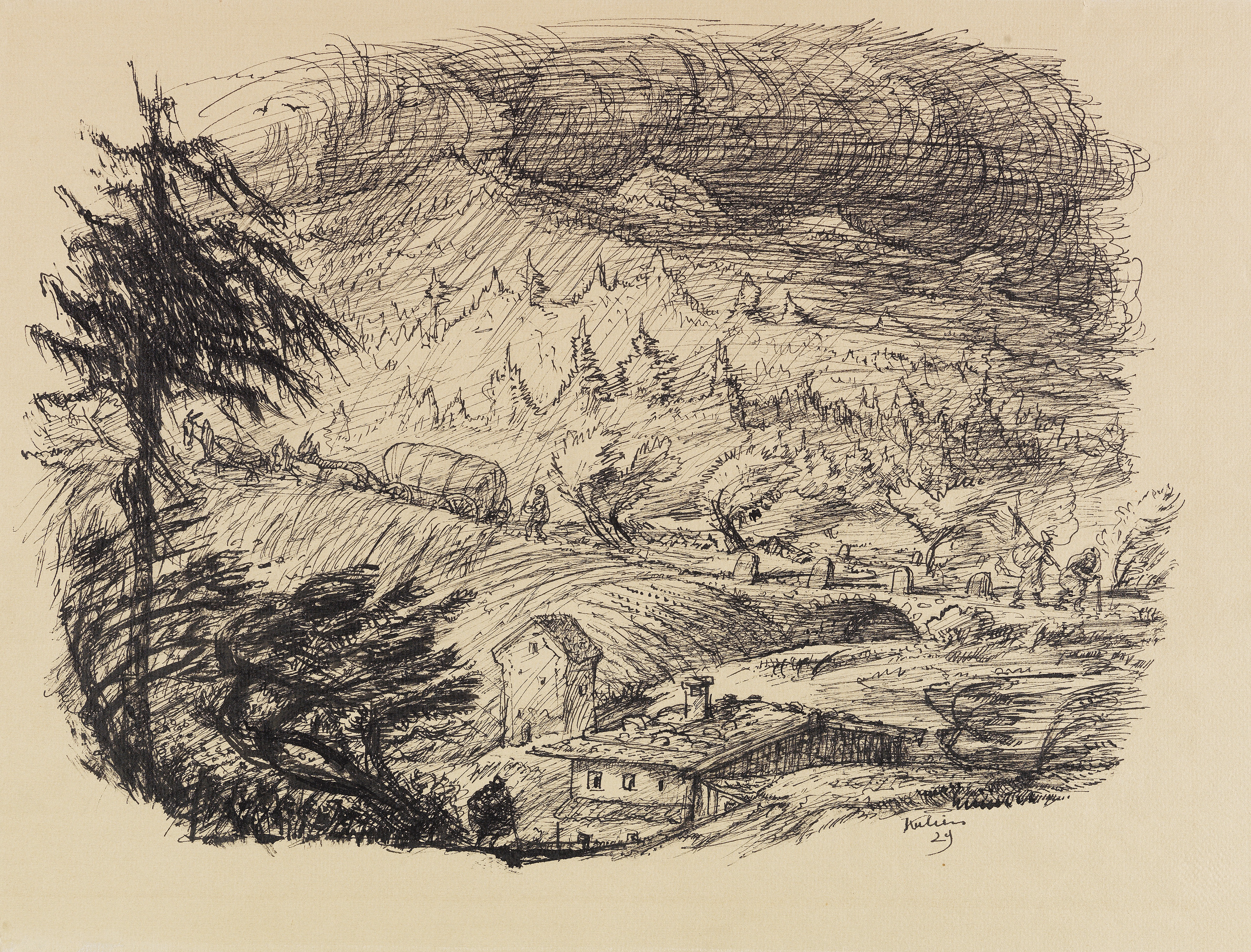 Artwork by Alfred Kubin, Sturm über Schardenberg (Landschaft im Regen), Made of Pen and India ink drawing