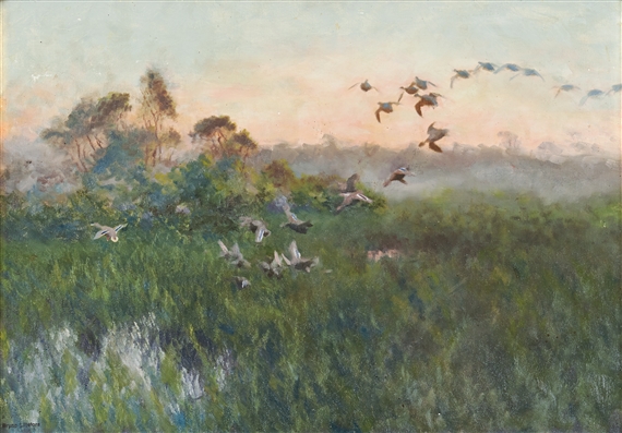 Änder i gryningslandskap by Bruno Liljefors