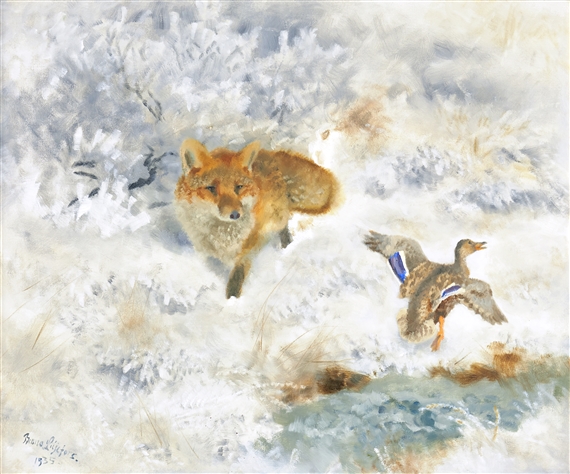 Räv och and i vinterlandskap by Bruno Liljefors, 1935