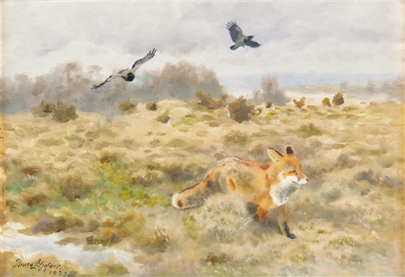 Landskap med räv och kråkor by Bruno Liljefors, 1939