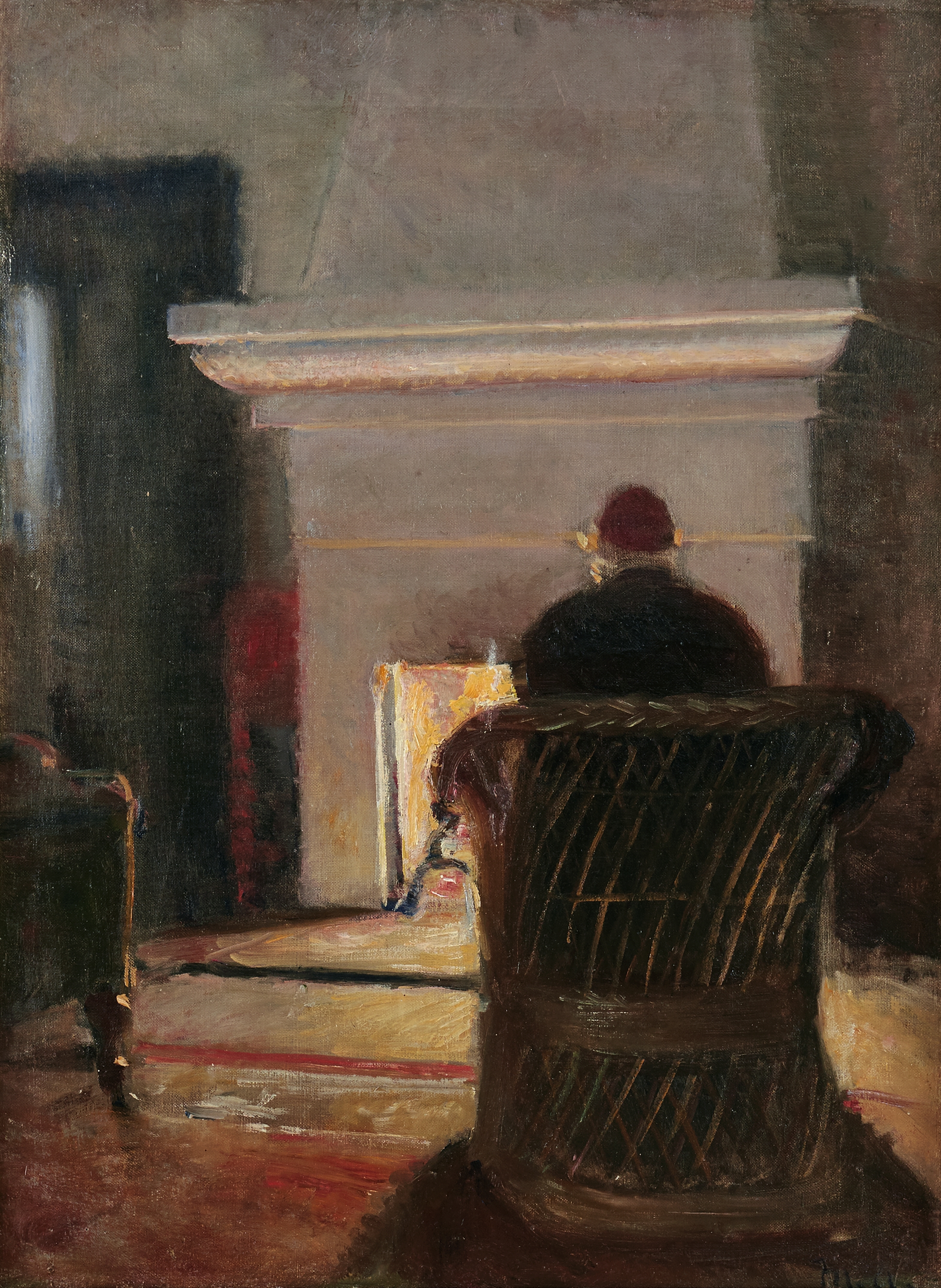 Interior with Holger Drachmann at the fireplace in Villa Pax, Skagen by Michael Peter Ancher