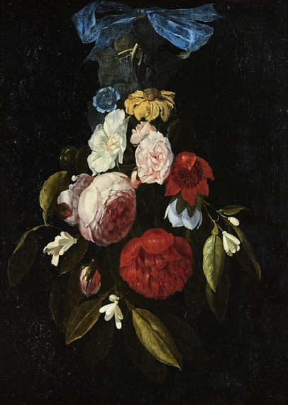 Still-life of flowers hanging from a blue ribbon by Hendrik de Fromantiou