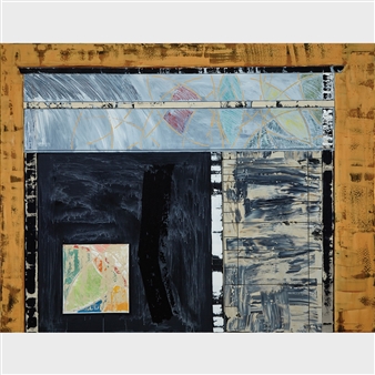 A layered abstract composition featuring a textured yellow border, blue geometric patterns, and a dark central panel with a small colorful inset.