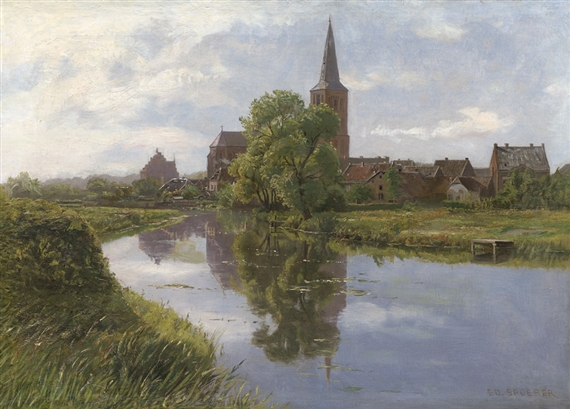 Ansicht einer nordischen Stadt am Fluss by Eduard Spoerer