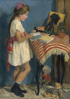 Mädchen im weißen Kleid mit ihren Büchern und Spielsachen - Alfred Souci
