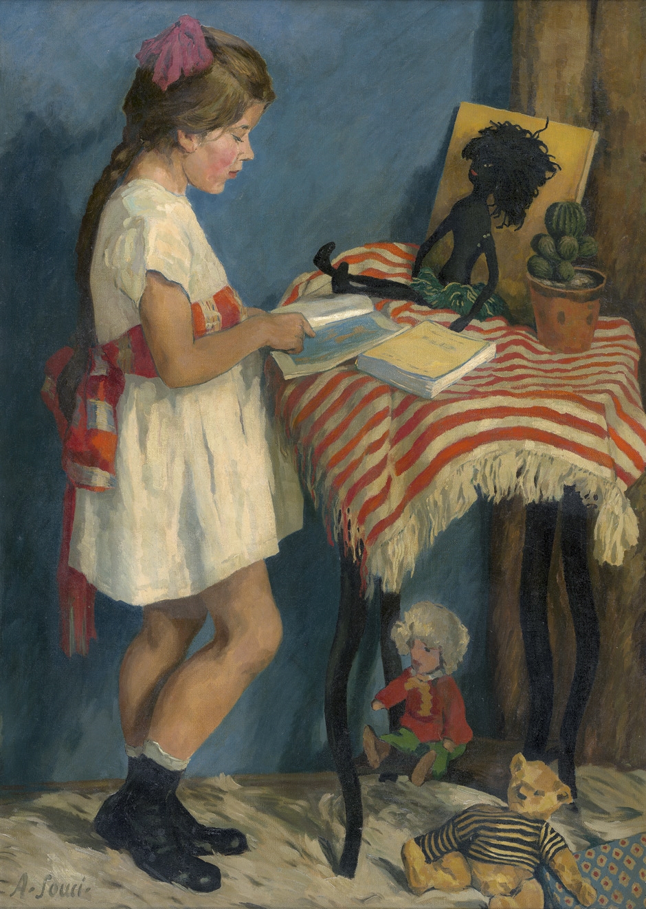 Artwork by Alfred Souci, Mädchen im weißen Kleid mit ihren Büchern und Spielsachen, Made of oil on canvas