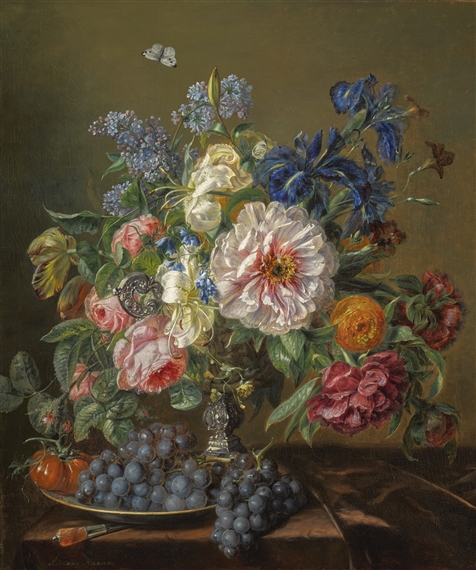 STILL-LIFE WITH PEONIES, ROSES, TULIPS AND RANUNCULUS by Adriana Johanna Haanen, 1850
