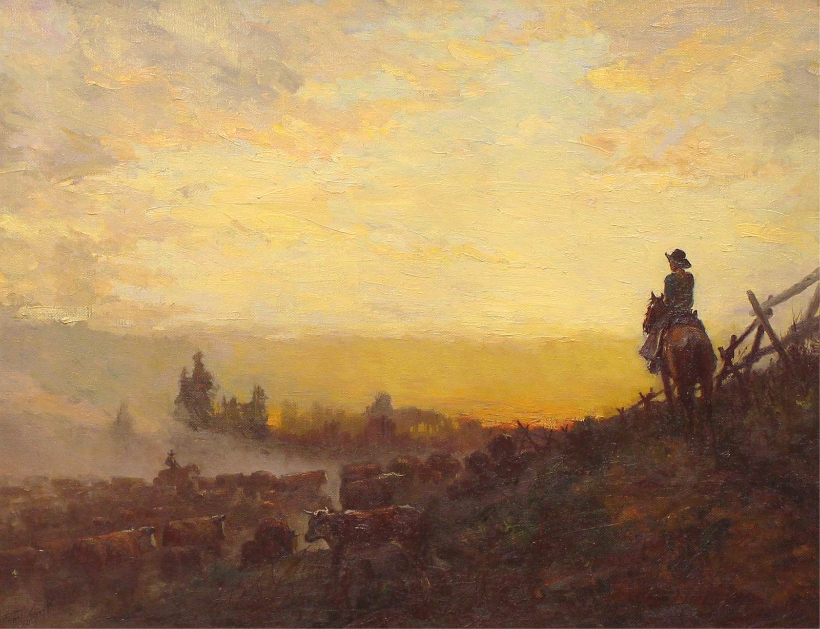Artwork by Raphael Lillywhite, SUNSET CATTLE DRIVE, Made of oil on masonite