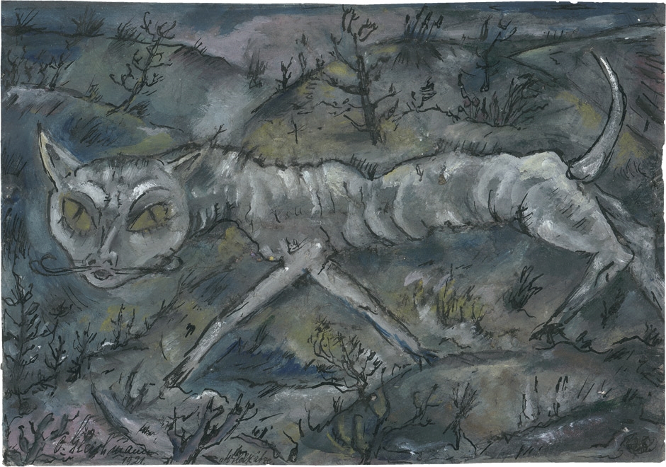 Artwork by Otto Gleichmann, "Wildkatze", Made of pen, watercolor and opaque white on vellum
