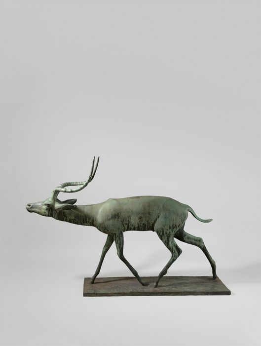 Artwork by Fritz Behn, Schreitende Impala-Gazelle, Made of Bronze with greenish patina