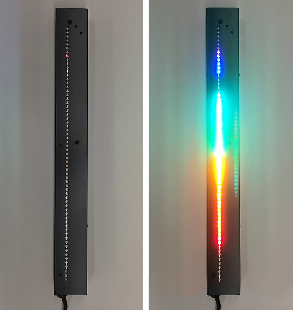 Artwork by Jessica Bronson, For William Blake (Like Transient Day), Made of Light emitting diodes, integrated circuits, and microchip housed in steel casing