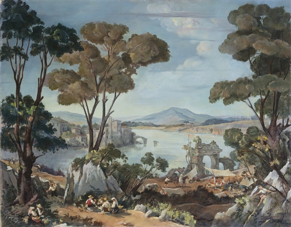 SOSTA DI CONTADINI IN UNA VALLATA CON FIUME by Carlo Romagnoli