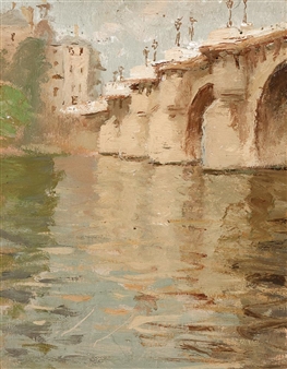 A textured impressionist painting of a stone bridge over a river with buildings in the background.