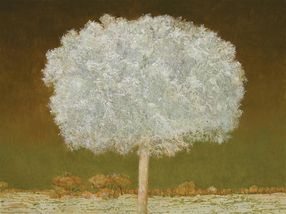 A solitary tree with a frosted canopy stands against a muted landscape.