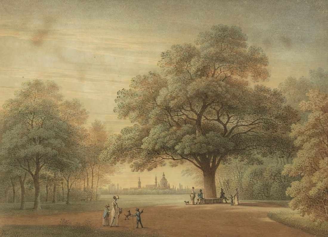 Artwork by Christian Gottlob Hammer, Blick vom Park auf die Kulisse von Dresden mit der Frauenkirche, Made of watercolor, ink on paper