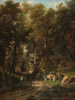 Waldstück mit weidender Schafherde - Joseph François Paris