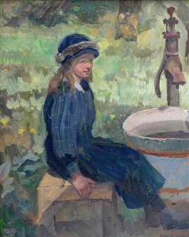 Mädchen in blauem Kleid am Brunnen - Eiler Sørensen