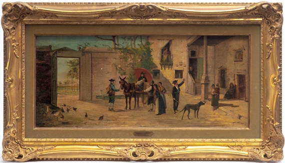 Verabschiedung eines jungen Brautpaares im Hof eines reichen spanischen Gehöftes mit zahlreicher Figurenstaffage by Francis Garat, 1891