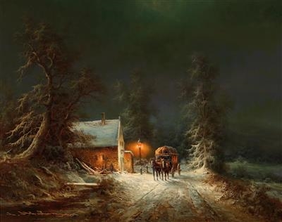 A nocturnal winter scene featuring a rustic cabin and a horse-drawn carriage on a snow-covered road.