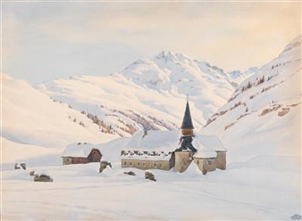 A serene winter landscape featuring a small village nestled at the foot of snow-capped mountains.