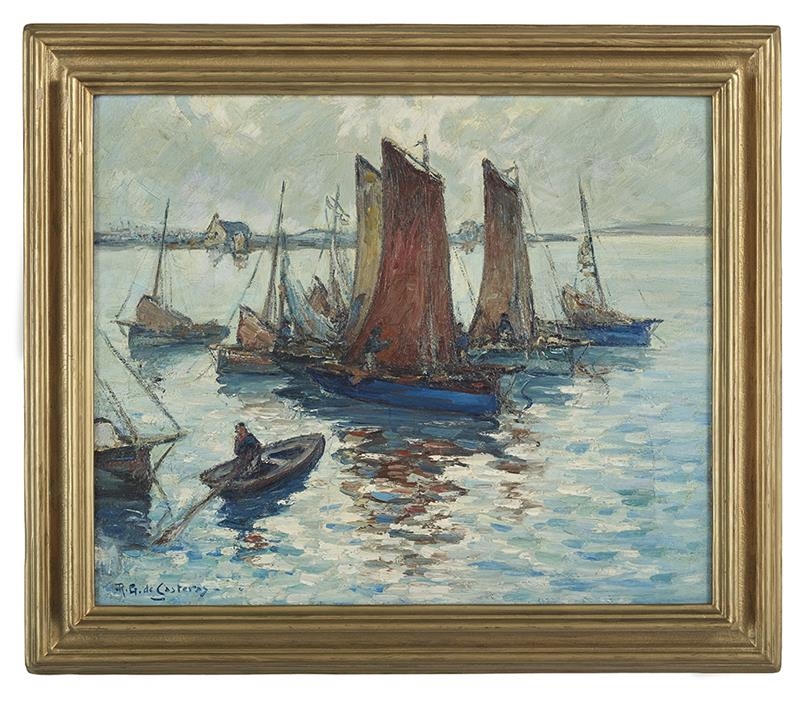 Artwork by René-Raymond Gouget de Casteras, A Bretton Village Harbour Scene, Made of oil on canvas