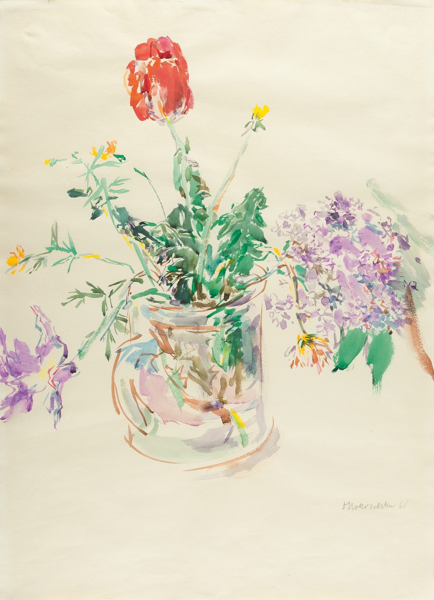 Artwork by Oskar Kokoschka, Blumenstillleben mit Tulpe, Made of watercolor on paper