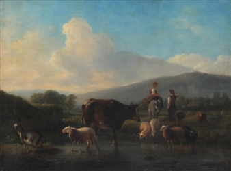 Shepherd's couple with cows and sheep near the watering place - Henri Verbeeck
