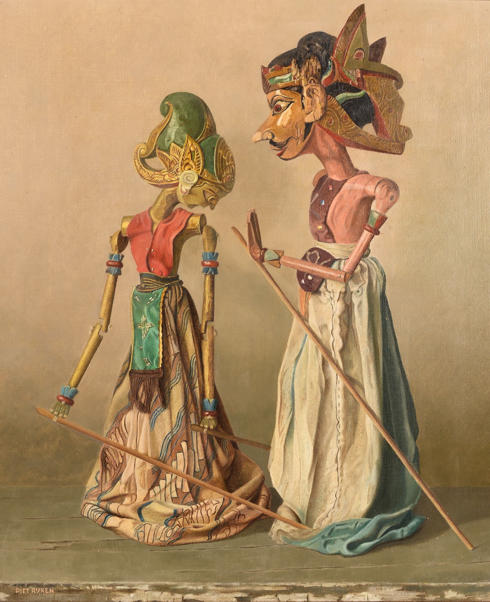 Artwork by Piet Rijken, Twee wajangpoppen, Made of canvas