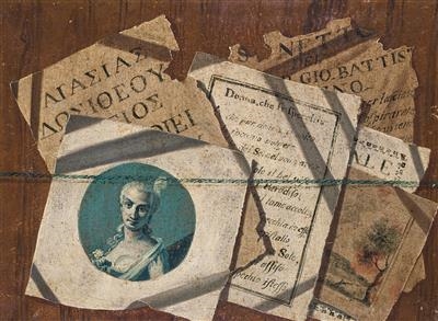 Trompe-l'oeil with a madrigal, landscape engraving and Greek inscription; and  Trompe-l'oeil with a female portrait, landscape engraving and Greek inscription by Luigi Desio