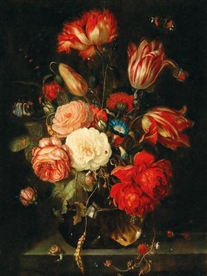 A still life of flowers in a glass vase by Jan van Kessel I