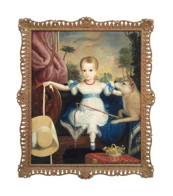 Artwork by H. Knight, Portrait of a child with a dog, a landscape beyond, Made of oil on canvas