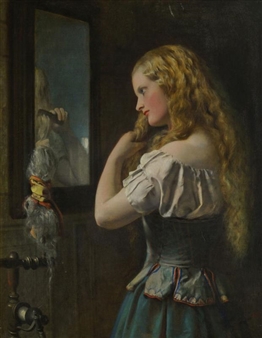 Girl brushing her hair at a mirror - Francis John Wyburd