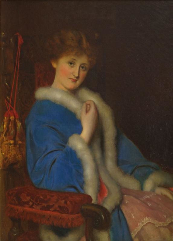 Artwork by Francis John Wyburd, Portrait of a lady seated three-quarter length in a fur lined blue cape in an interior, Made of oil on canvas