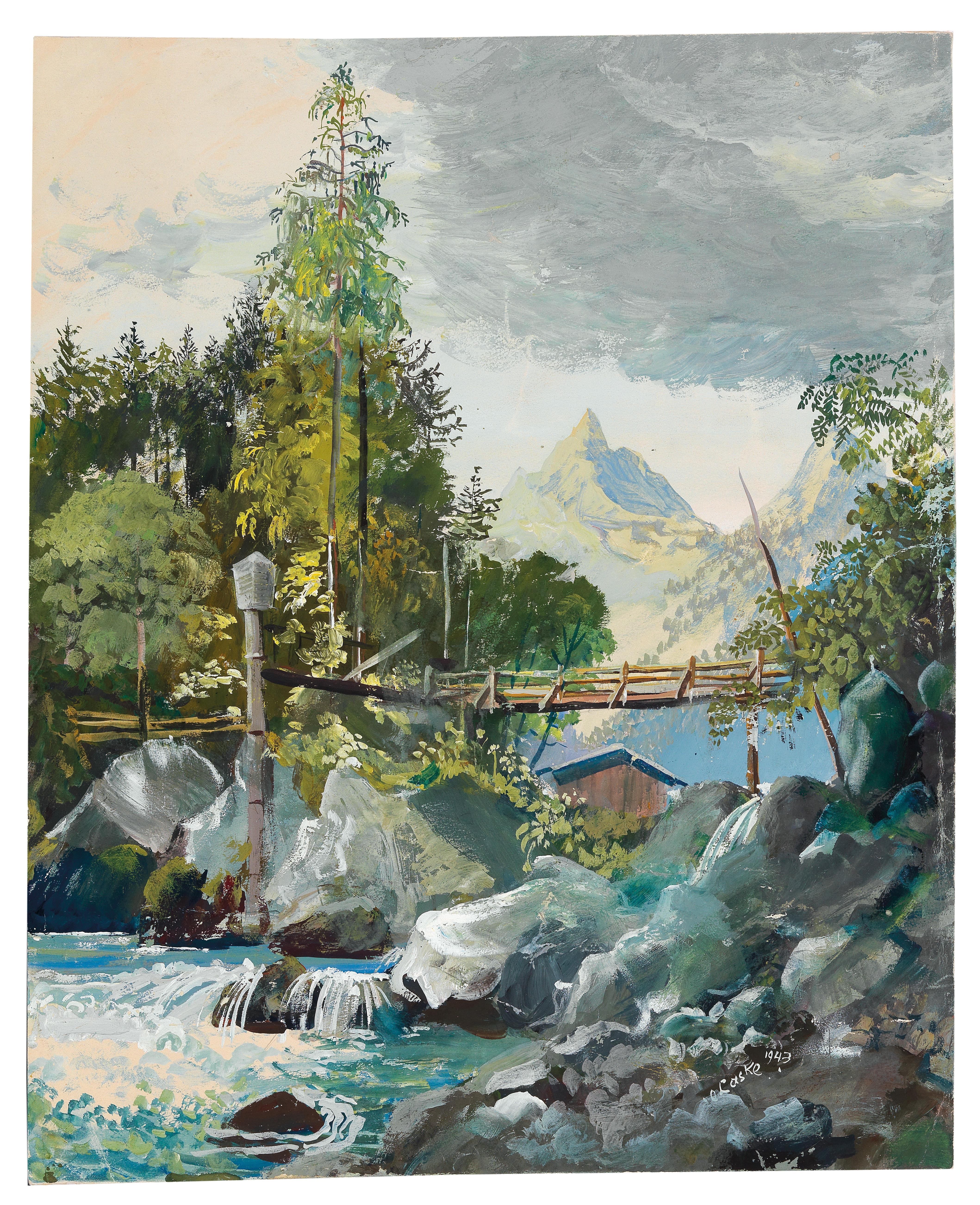 Artwork by Oskar Laske, Bridge over a mountain stream, Made of gouache on paper
